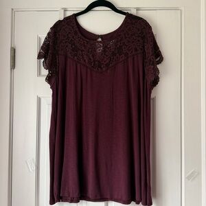 TORRID Super Soft Lace Yoke Short Sleeve Top - Plum - Size 2